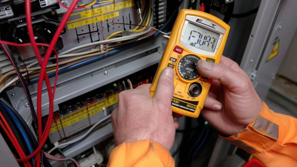 Close-up of a technician using a multimeter to check electrical equipment